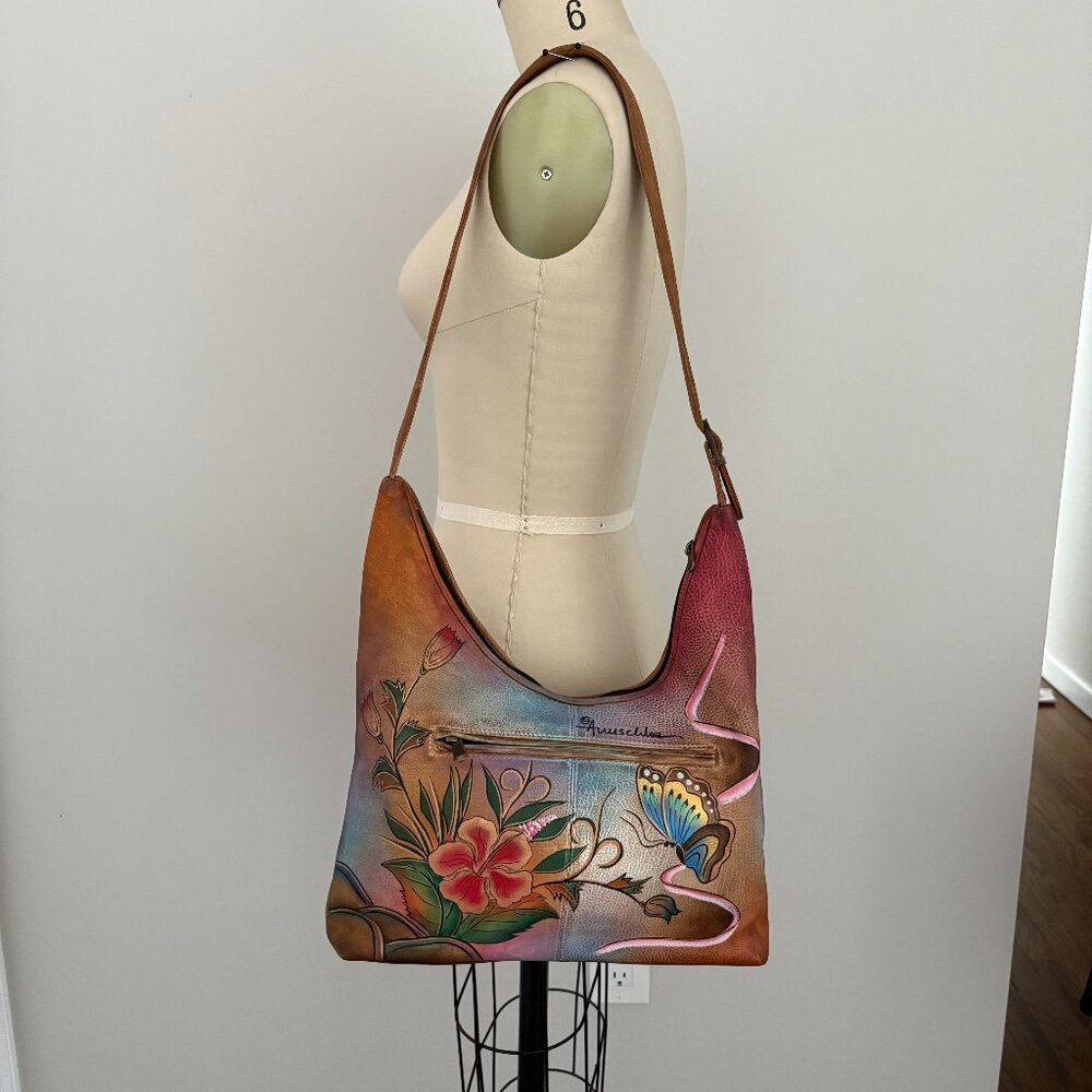 Anuschka Hand Painted Leather Butterfly Floral Shoulder Bag Cottagecore Glam